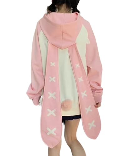 AISYBB Suéter con capucha Kawaii con orejas de conejo largas para mujer, talla grande, abrigo con capucha Y2K, Rosado, XL