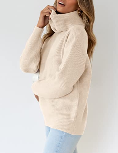 Image of Womens Turtleneck Drop Shoulder Sweaters Chunky Knit Long Sleeve Oversized Sweater Fall Winter Pullover Jumper Tops Khaki