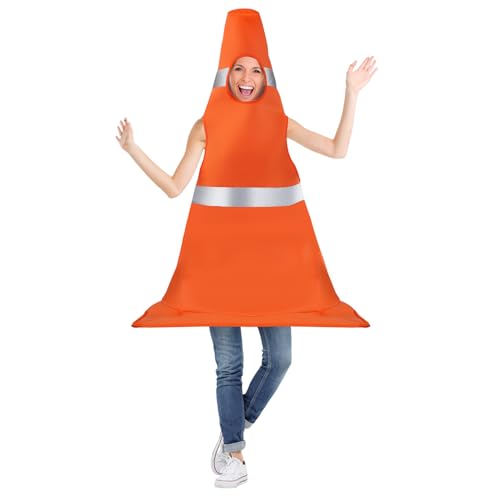Traffic Cone Costume Adult - 51in Funny Construction Cone Halloween Costumes with Gray Light Responsive for Men Women, Orange