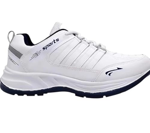 Image of Men's Sports Running Shoes, White and Navy, Memory Foam Insole, Lace-up Closure, Size 6 UK