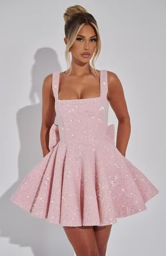 Square Neck Sequin Homecoming Dress Spaghetti Straps Short Prom Dresses A Line Cocktail Party Gown with Bow3