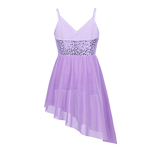 Jeatha Kids Girls Sleeveless Shiny Sequins Spliced Asymmetrical Tulle Dress Ballet Dance Costume Lavender 12-14 #TOP1