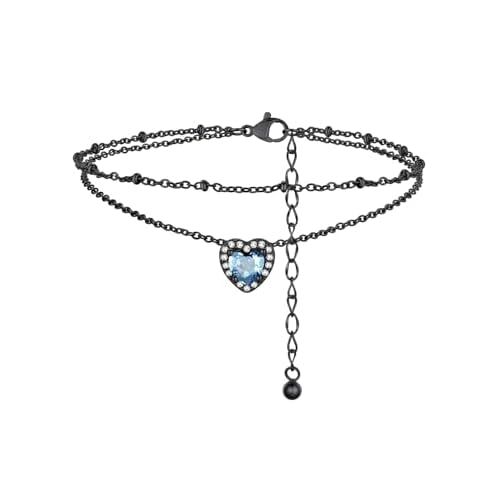 FindChic Bling Heart Birthstone Anklets Layered Beaded Ankle Bracelets for Women Gold/Black/Silver 12 Month Gem Colors Foot Chain Summer Jewelry for Girls, with Gift Box Black 03. Mar.-Creat