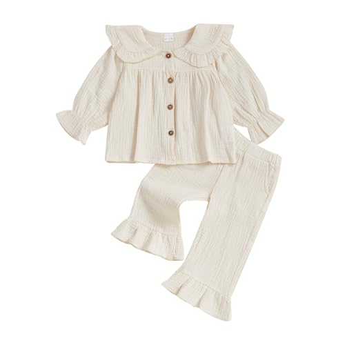 Image of Gueuusu Toddler Girls Linen Outfit Peter Pan Long Sleeve Button Up Shirt Ruffle Pants Set Baby Girl Baptism Photoshoot Outfit