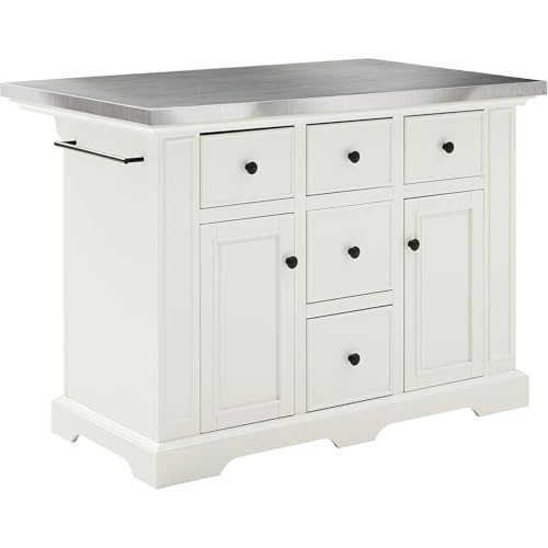 HomeStock Sophisticated Simplicity Full Size Kitchen Island with Spacious Countertop, Portable Design, Modern Kitchen Furniture, Convenient Storage Drawers White/Stainless Steel Top