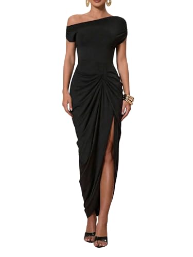 Floerns Women's Elegant Long Dress Asymmetrical Off Shoulder Ruched Slit Bodycon Cocktail Dresses Black Small