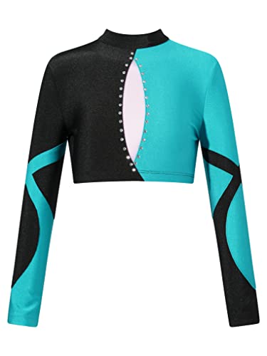 JanJean Kids Girls Long Sleeve Shiny Rhinestone Dance Crop Top for Hip Hop Jazz Streetwear Performance Show Royal Blue 8 Years