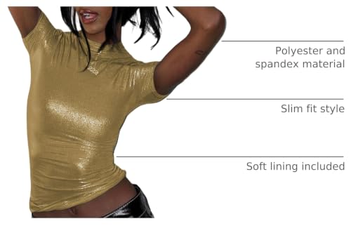 Image of Women's Shiny Metallic Short Sleeve T Shirt Sexy Mock Neck Slim Crop Top Party Disco Club Tees