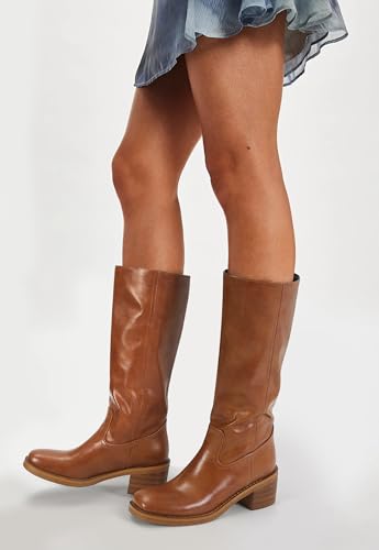 Image of DOEYG Women's Banana Knee High Boots Square Toe Chunky Block Heel Tall Boots Wide Calf Fashion Comfortable Casual Pull on Long Boots