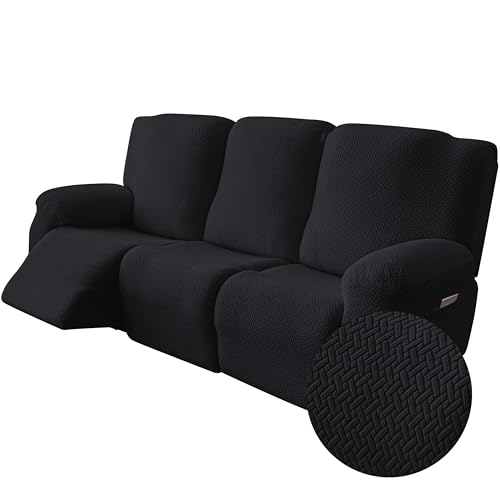 Image of Genina Recliner Sofa Covers - Stretch Reclining Couch Covers with Stripe Jacquard - 3 Seat Cushion Slipcovers with Soft Fabric - Furniture Protector for Pet Kid (Black)