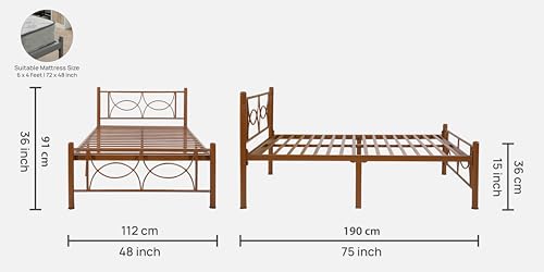 Image of Luno Metal Single Size Bed Without Storage | Wrought Iron Single Bed with Headboard & Footboard| Sturdy Powder Coated Platform Cot for Bedroom, Living Room, (Luno Brown)