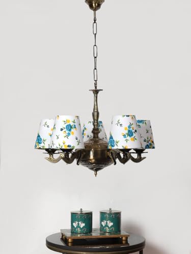 Image of Devansh 05 Lights Printed conical Cotton Shade with Antique Golden Chandelier -B