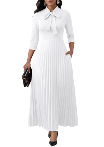 Image of FANDEE Maxi Dress for Women Formal 3 /4 Sleeve Pleated Empire Long Dress Semi Formal Tie Neck Office Work Dresses