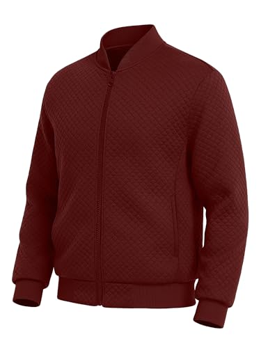 TUREFACE Mens Zipper Closure Bomber Jacket Casual Rib Cuffs Outerwear Slim Fit Classic Sportswear Lightweight Fashion,Dark Red,M