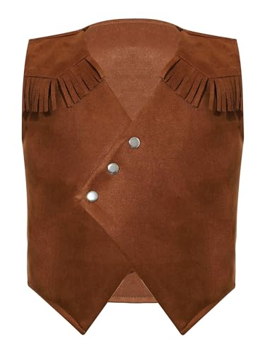 renvena Cowboy Western Suit Vest for Boys Halloween Brown Suede Dressy Waistcoat with Tassels