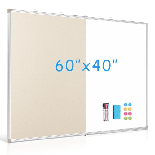 DOLLAR BOSS Pizarra blanca plegable de corcho de lino combinada de 60 x 40 pulgadas, pizarra blanca magnética extra grande de borrado en seco, tablero de anuncios portátil de doble cara con marco de