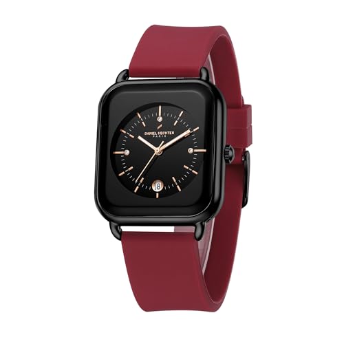 Image of Daniel Hechter Paris Lea Collection Watch for Women with Square Dial, Crystal and Rose Gold Markers, Date Display and Silicone Strap
