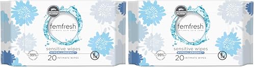 Femfresh Sensitive Intimate Wipes Pack of 40 - Fragrance & Colour-Free, With Aloe Vera & Calendula Extracts, 99% Natural Origin Ingredients, Soap-Free, Travel Friendly & pH Balanced