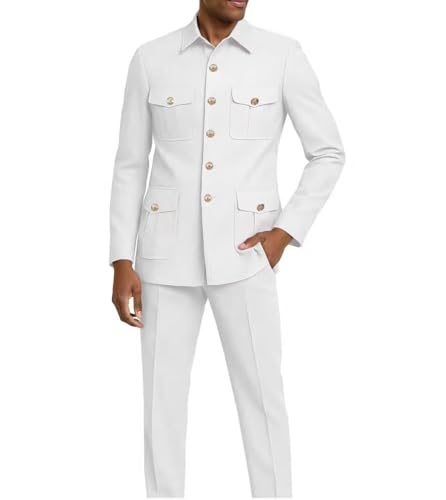 Mens 2 Piece Safari Suits Stand Collar Formal Suit Regular Fit Suit Jacket Multi Pocket Blazer Pants Set for Men3