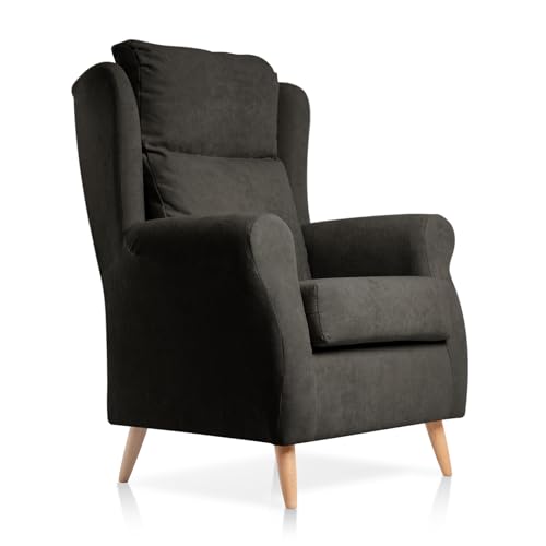 SUENOSZZZ-ESPECIALISTAS DEL DESCANSO Sillón orejero Dulce con Patas nórdicas butaca tapizada en Tela Antimanchas Color Negro
