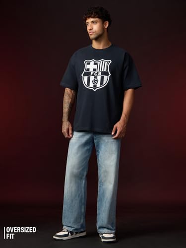 Image of The Souled Store FCB: Men and Boys Short Sleeves Round Neck Casual Lightweight Drop Shoulder Streetwear Trendy Oversized T-Shirts Black