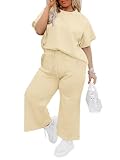 Imily Bela Womens Plus Size 2 Piece Outfits Lounge Set Short Sleeve Tops and Wide Leg Pants Casual Matching Sets Beige
