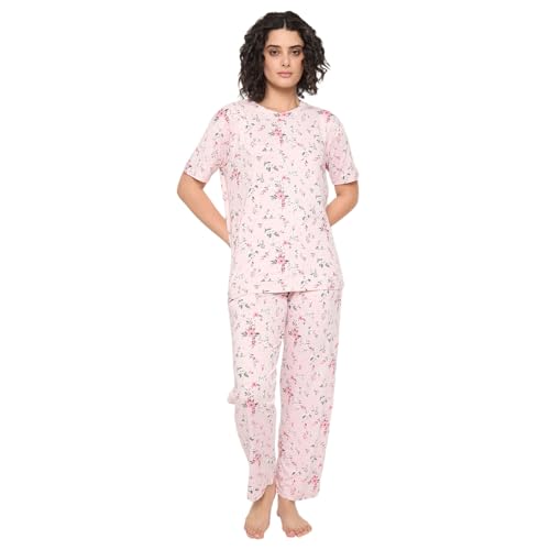 Image of CAMEY Women's Printed Pyjama Set, Short Sleeve T-Shirt and Trousers, Women Nightsuit, Loungewear Sets