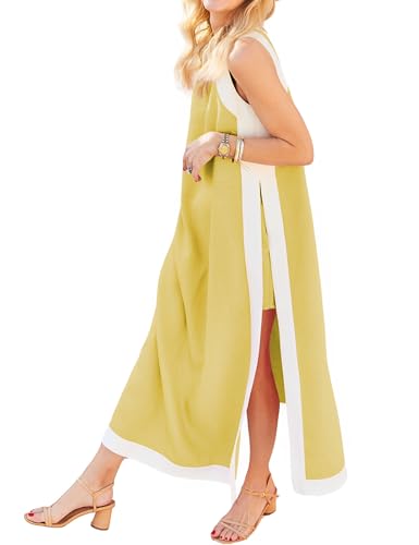 Hooever Women's 2 Piece Sets Boho Color Block Sleeveless Maxi Dress Matching Shorts with Pockets