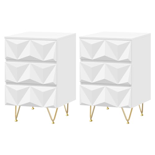 {Mesitas de Noche Vintage 3 Cajones Mesitas de Noche Vintage EUGAD Juego de 2 Mesita de Noche con 3 Cajones de Efecto 3D, Mesilla de Noche Dormitorio Elegante y Moderno, Mesa Auxiliar...