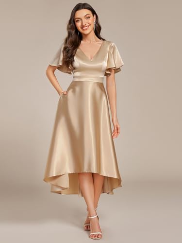 Ever-Pretty Women's Satin Short Ruffles Sleeves A Line Empire Waist Wedding Guest Dress with Pockets 023354