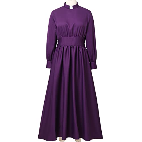 Image of CAMDOM Church Clergy Dress for Women Long Sleeve A Line Elegant Maxi Dress with Tab Insert Stand Collar and BeltA