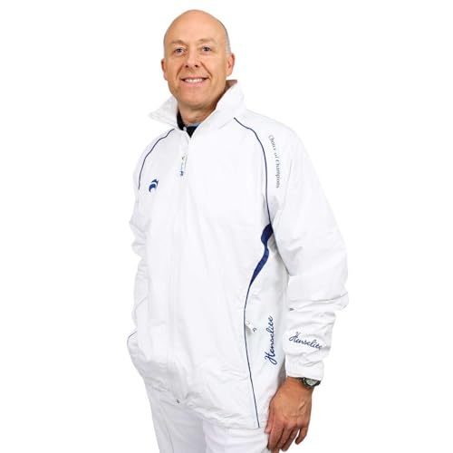 Image of Henselite Men's Waterproof Lawn Bowling Jacket in White & Blue. (White & Blue, 3XL)