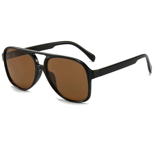 Long Keeper Gafas de Sol Piloto Polarizadas para Mujer Hombre Retro Clásico Doble Puentes Gafas de Sol Grandes Cuadradas Años 70 Protección UV400 (Negro Montura - Marrón Lente)