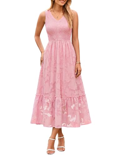 Image of Simplee Womens Semi Formal Dresses for Wedding Guest Floral Lace Midi Dress | Floral lace, Modest, Midi length, Sleeveless, V neck, Smocked empired waist, Semi formal wedding guest dress, Baptism dress