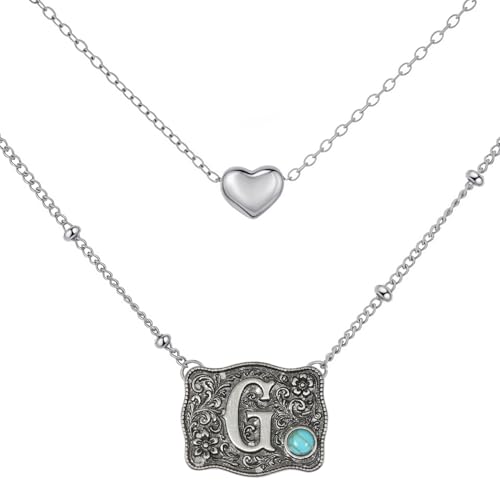 MANZHEN Belt Buckle Bracelet Initial Letter A-Z Bracelets Western Cow Tag Bracelet Belt Buckle Necklace Western Style Initial Letter Pendant Necklace (Necklace, G)