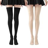 [ARSZHORSVS] ニーハイソックス 黒 白 着圧 夏 120デニール 70cmロング ハイソックス 無地 柔らか・通気性・耐久性 美脚 靴下 ソックス 通学通勤 (黒*1＋肌色*1)