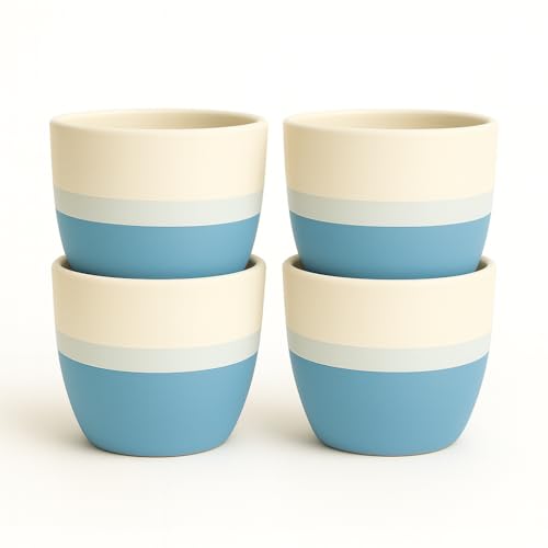 Image of Yo Green Ceramic Set of 4 Pot Indoor /Outdoor Plant - Modern Planter for Home and Office, Durable Ceramic, Stylish Finish with Vertical Ridges, Great Gift Idea (White /Blue)