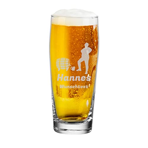 LUXENTU Bierglas mit Gravur, Willi Becher mit 0,5 Liter Eichung, Persönliche Lasergravur mit Name & Kneipen-Motiv, Bierfass