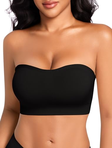 OOEU Trägerloser BH Damen ohne Bügel Push Up Bandeau BH ohne Träger Nahtloser BH Trägerlos Strapless Bra Tube Top Gepolstert Bralette (DE/NL/SE/PL Alphanumerisch M Regular Regular Schwarz)