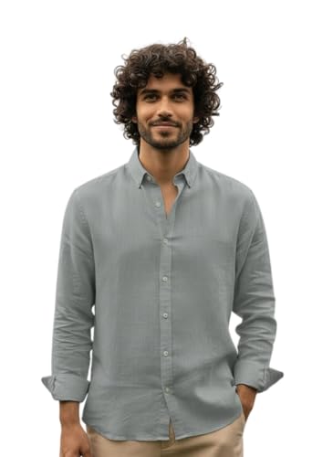 Image of Men's Linen Cotton Shirt | Solid Design | Full Sleeve | Regular Fit | Button Down Collar | Summer Casual & Formal Wear