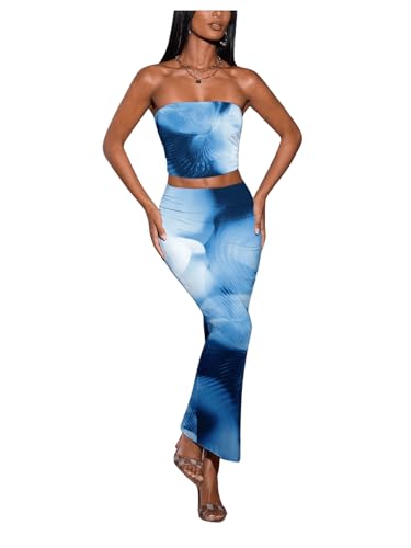 SOLY HUX Women's Sexy Skirt Set Printed Crop Bandeau Tube Top and Bodycon Skirts 2Pcs Summer Outfits