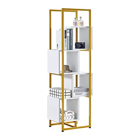 Living Room 5 Tiers Bookcase S-Shape Storage Shelving Tall for Home Office, Modern Corner Book Shelf with Golden Metal Rack for Unit Media Display Slim Book Shelves Small Space Cover