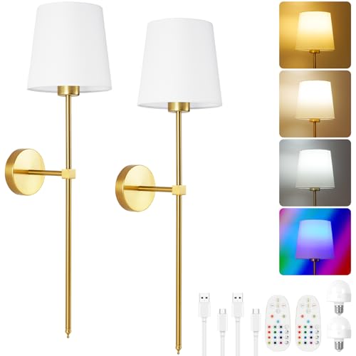 HOTUT Juego de 2 Apliques de Pared Que Funcionan con Pilas, Luces de Pared Doradas con Pantalla de Tela Blanca, Lámpara de noche Sin Cable con Control Remoto y Bombillas Carga Desmontables, Regulable