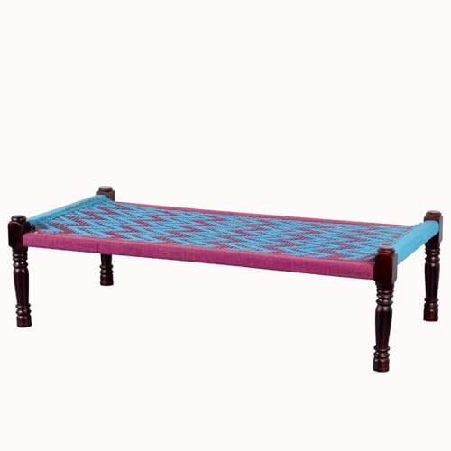 Image of Solid Sheesham Wood Charpai Khat | Handcrafted Daybed Khatiya Charpai with Cotton Rope | Traditional Khat Bed Wooden Diwan Cot for Living Room | 6X3 Feet | Pink and Light Blue