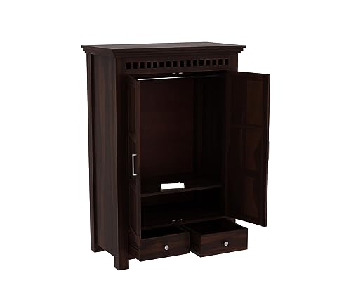 Image of Sheesham Wood Wooden 2 Door Wardrobe Organizer for Clothes | - Solid Wood Almirah with 2 Drawers, 2 Shelves - with Hanging Space Cupboard for Large Bedroom (Design 7)