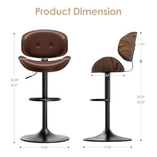Image of Adjustable Swivel Bar Stools Chair,Counter Height Bar Stools with Back,350 LBS PU Leather Bar Stool for Kitchen Island,Upholstered Pub Stools with Footrest (Brown, Set of 2)