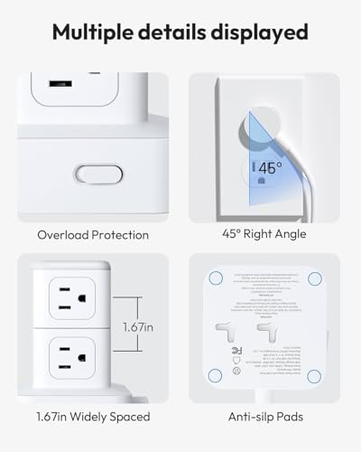 Tower Surge Protector Power Strip 10 FT, NTONPOWER 1080J Surge Protector with Multiple Outlets, 8 AC Outlets with 4 USB Ports (2 USB C), Desk Mountable Charging Station for Home Office Dorm, White