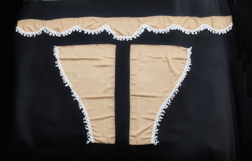 Rideaux en peluche beige avec pompons blancs pour cabine Volvo | Kit de 3