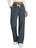 ODODOS Women’s Brushed Fleece Straight Leg Pants – Cozy Warm High-Rise Relaxed Lounge Sweatpants with Pockets - 29" Inseam, Dark Blue Heather, X-Small