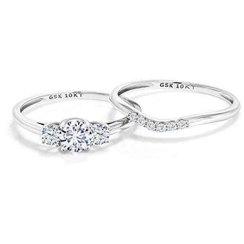 Gem Stone King 10K White Gold Moissanite and White Created Sapphire and Lab Grown Diamond 3-Stone Bridal Engagement Wedding Ring Set For Women | 0.83 Cttw | Available in Size 5,6,7,8,94